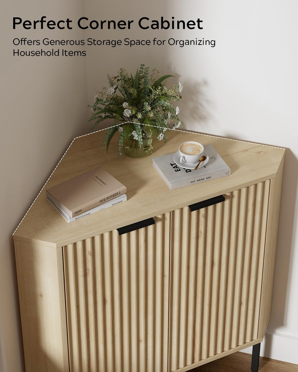 Modern Corner Cabinet, Fluted Wood Floor Storage Cabinet with Adjustable Shel...