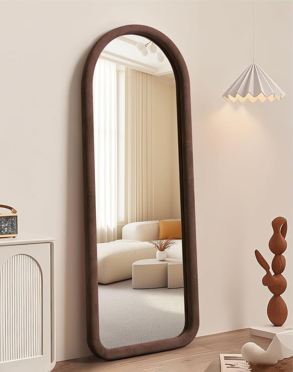 Delma Arched Full Length Mirror, Free Standing Floor Velvet Finish Frame Mirr...