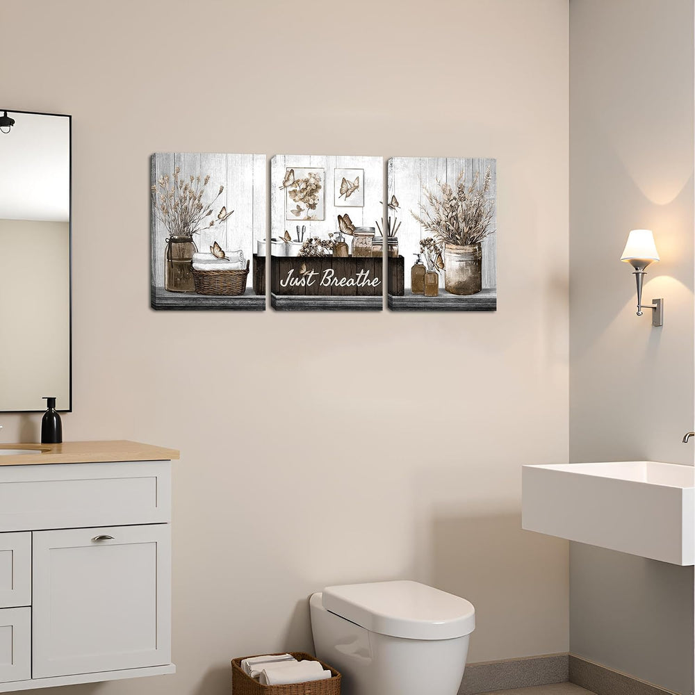 RnnJoile Brown Bathroom Decor Botanical Pictures Wall Art Just Breathe Sign C...