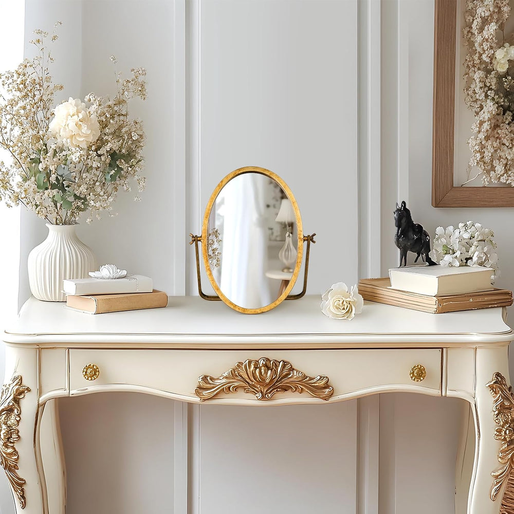 Oval Small Vintage Desk Mirror, Antique Gold Vanity Table Mirror