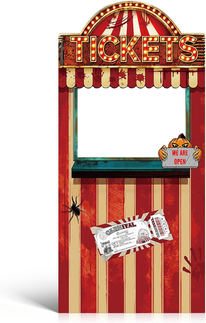 5.6 Ft Creepy Carnival Ticket Booth Photo Prop, Stand Up Halloween Carnival Cardboard Cutout, Large Vintage Haunted Circus Backdrop Decoration for Scary Halloween Party Horror Entrance Supplies