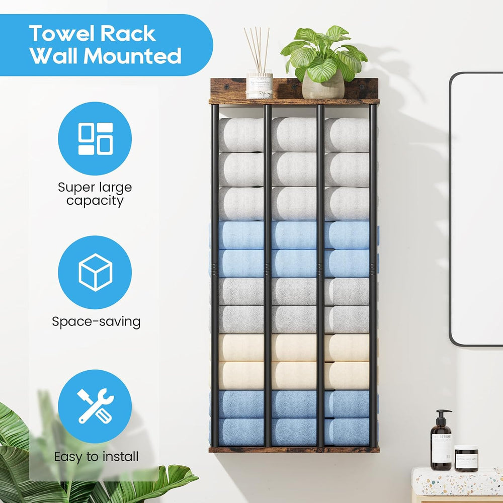 Wall Mounted 4-Bar Towel Rack with Wooden Shelf, Bathroom Storage Holder