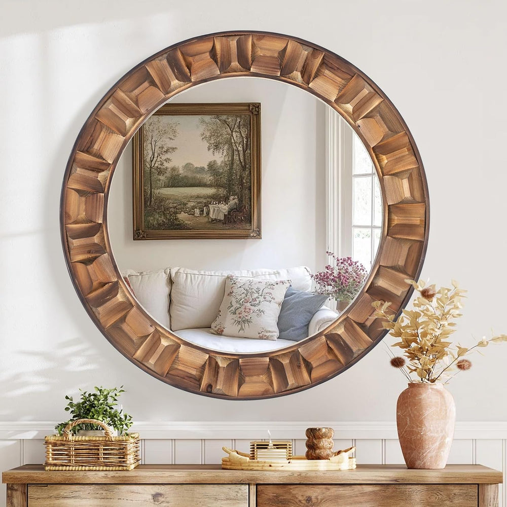 36 Inch Large Round Solid Wood Wall Mirror