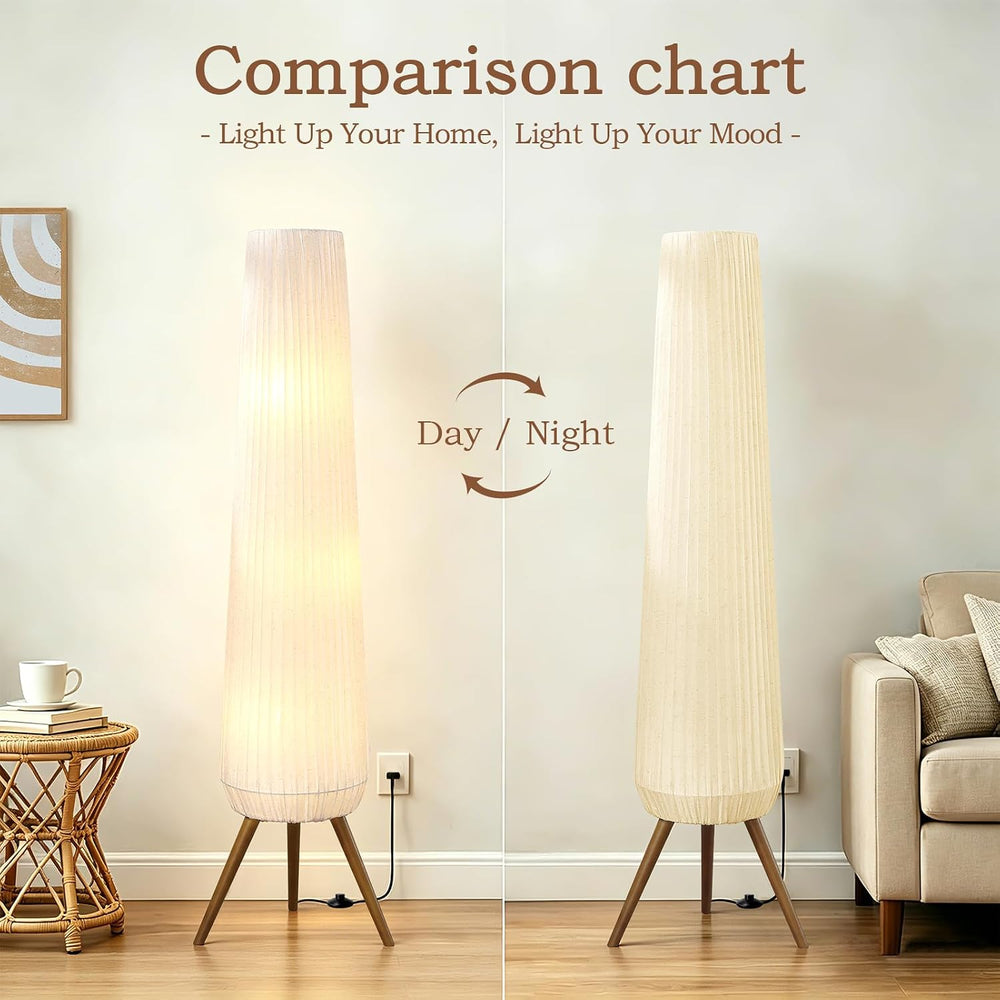 61'' Oatmeal Fabric Pleated Floor Lamp, Walnut Wood Tripod Base