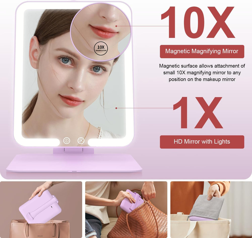 Gospire Travel Makeup Mirror with Lights and Magnification 10X, Purple