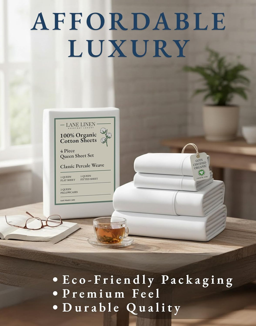 LANE LINEN Queen Sheets 100% Organic Cotton 4pc Percale Cooling - White