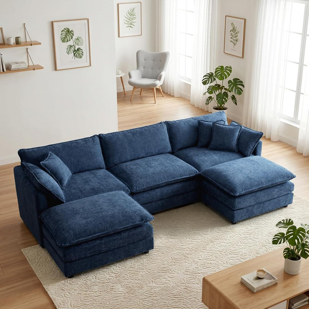 111.5" Modular Sofa 3-Seater Chenille Couch with 2-Ottoman,Blue