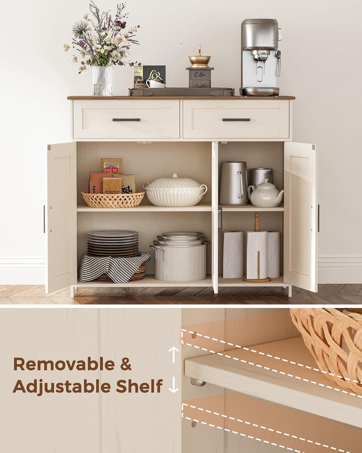 Homhedy Coffee Bar Storage Cabinet with Drawers, Kitchen Buffet Cabinet