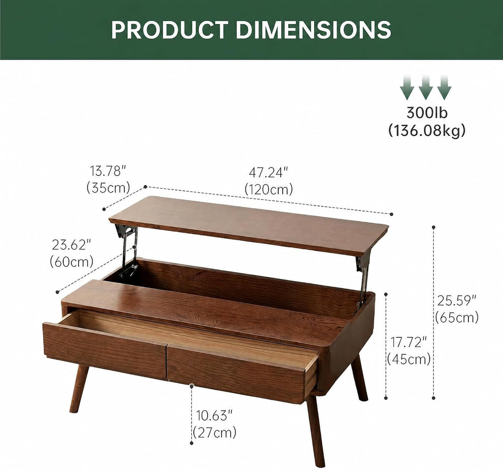 Solid Oak Lift Top Coffee Table with Drawers, Walnut, 47.24"