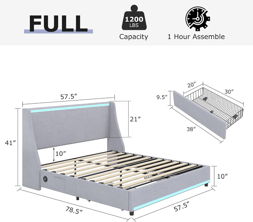 VECELO Full Size Bed Frame with Storage Drawers, Linen Grey
