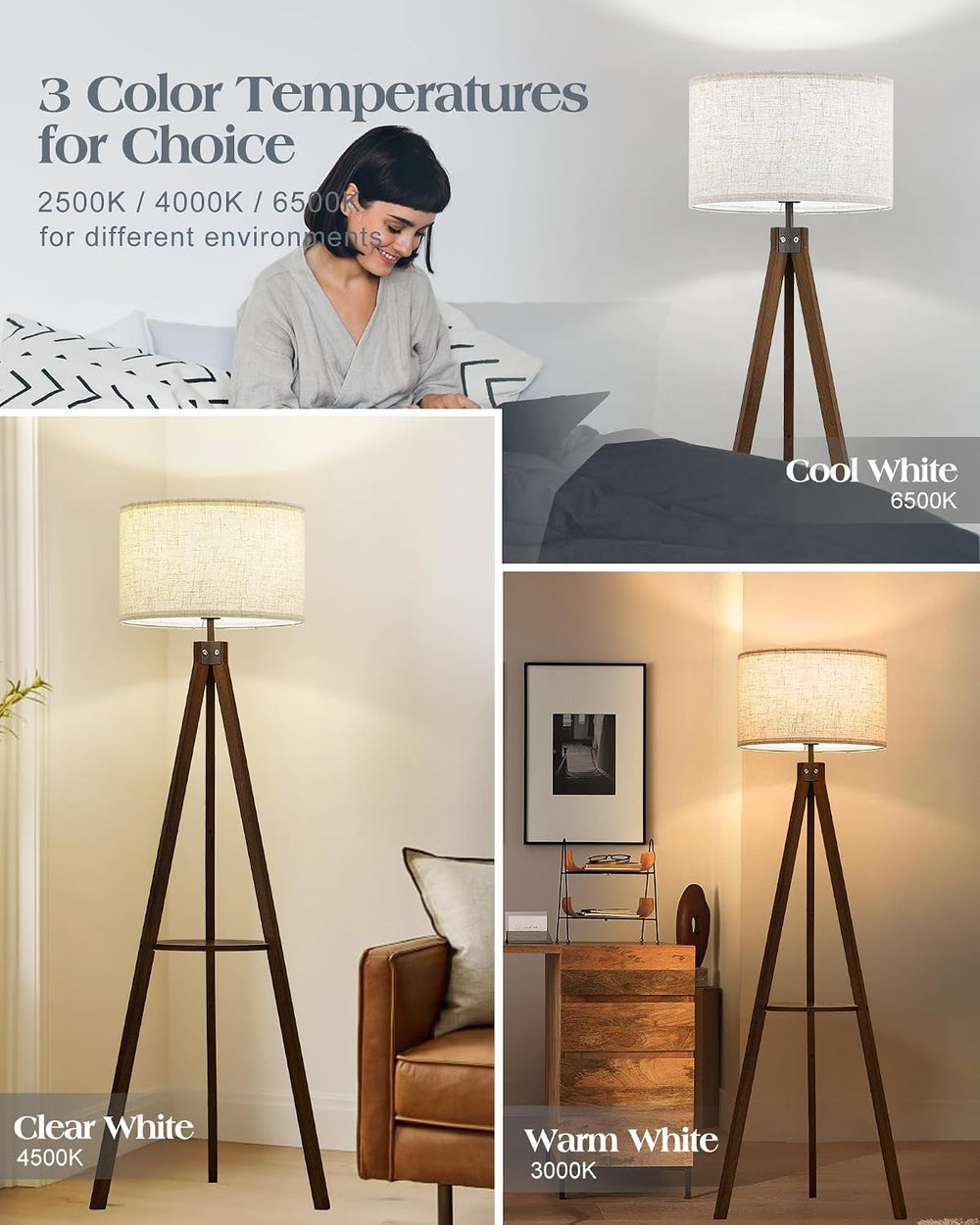 ELYONA Tripod Floor Lamp with Table, Mid Century Wood Shelf Standing Light Mo...