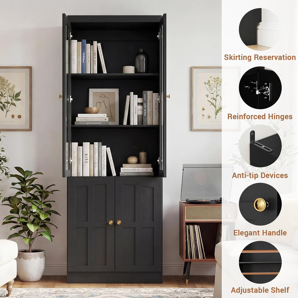 Cyclysio 80" Bookshelf with Glass Doors and Adjustable Shelves