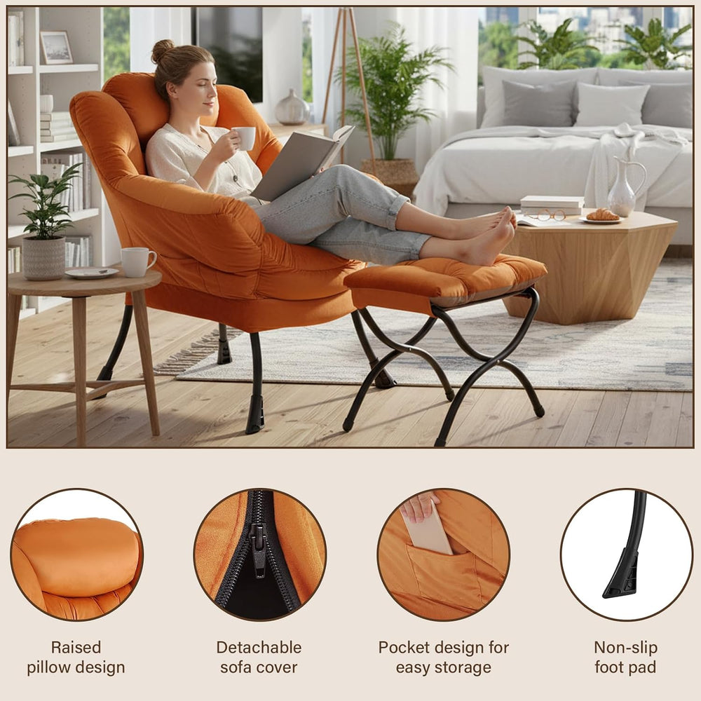 Welnow Lazy Chair with Ottoman, Reading Chair with Footrest, Reddish Brown