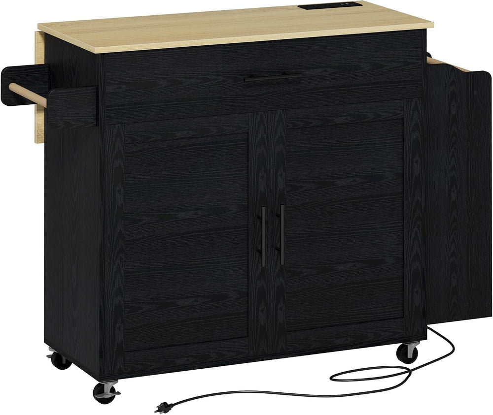 IRONCK Kitchen Island with Storage, Charging Station and Drop Leaf, Black