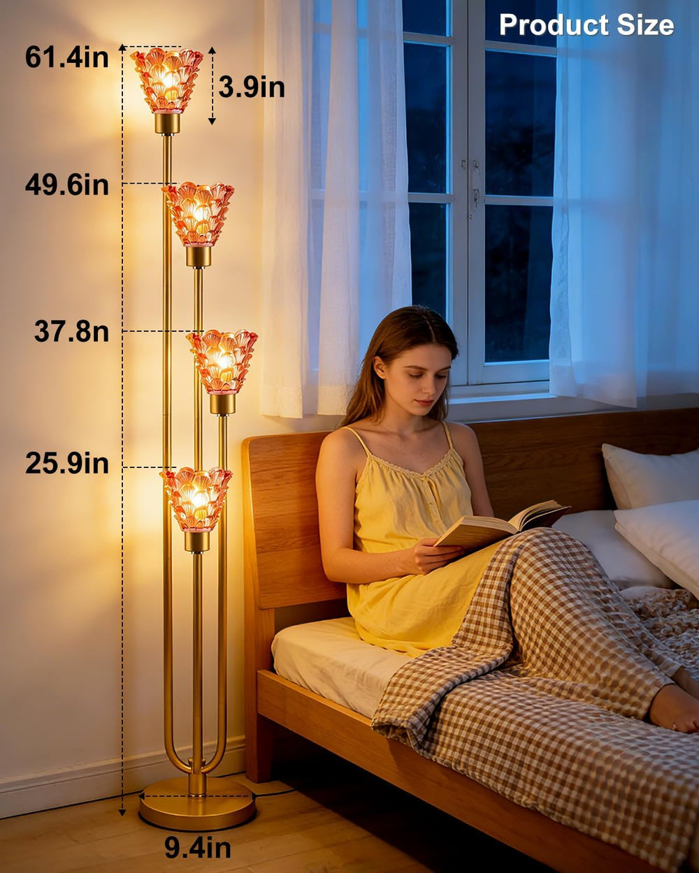 Lightdot Glass Floor Lamp Dimmable 4-Light Red Shade Gold Floor Lamps