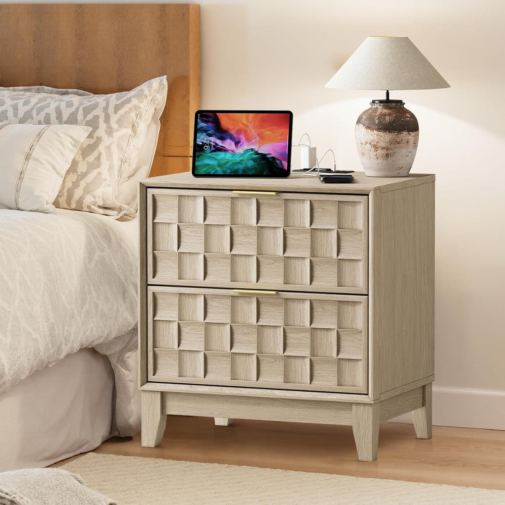 COLAMY Night Stand Bedside Table with Charging Station Set of 2, Modern Woode...