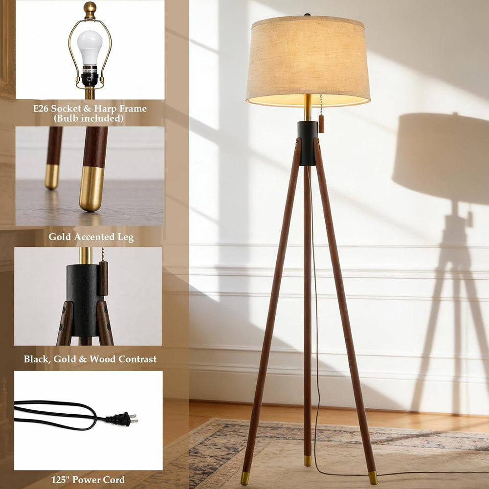 MOFFE Mid Century Tripod Floor Lamp with Pull Chain,Black & Gold Finish