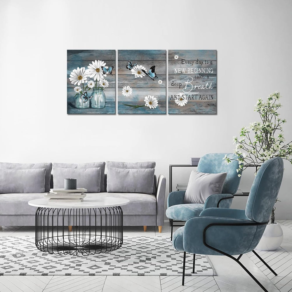 RyounoArt 3 Piece Daisy Wall Art Butterfly Inspirational Picture on Canvas fo...