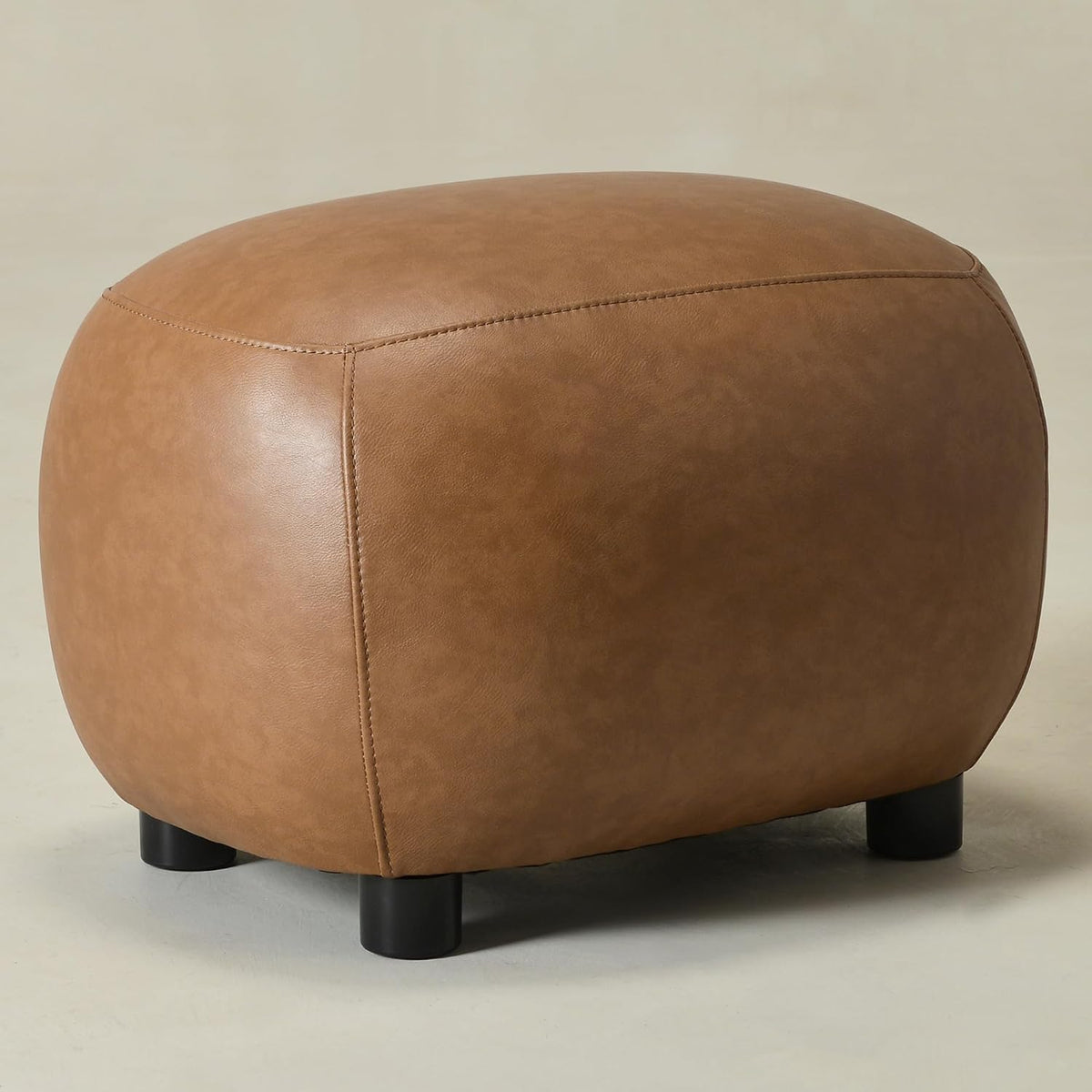 KINWELL 23" Wide Faux Leather Upholstered Ottoman Footrest, Camel | Living Room Footrest with Soft Padded Seat, Mid-Century Modern Entryway Footstool for Bedroom, Entryway or Living Room