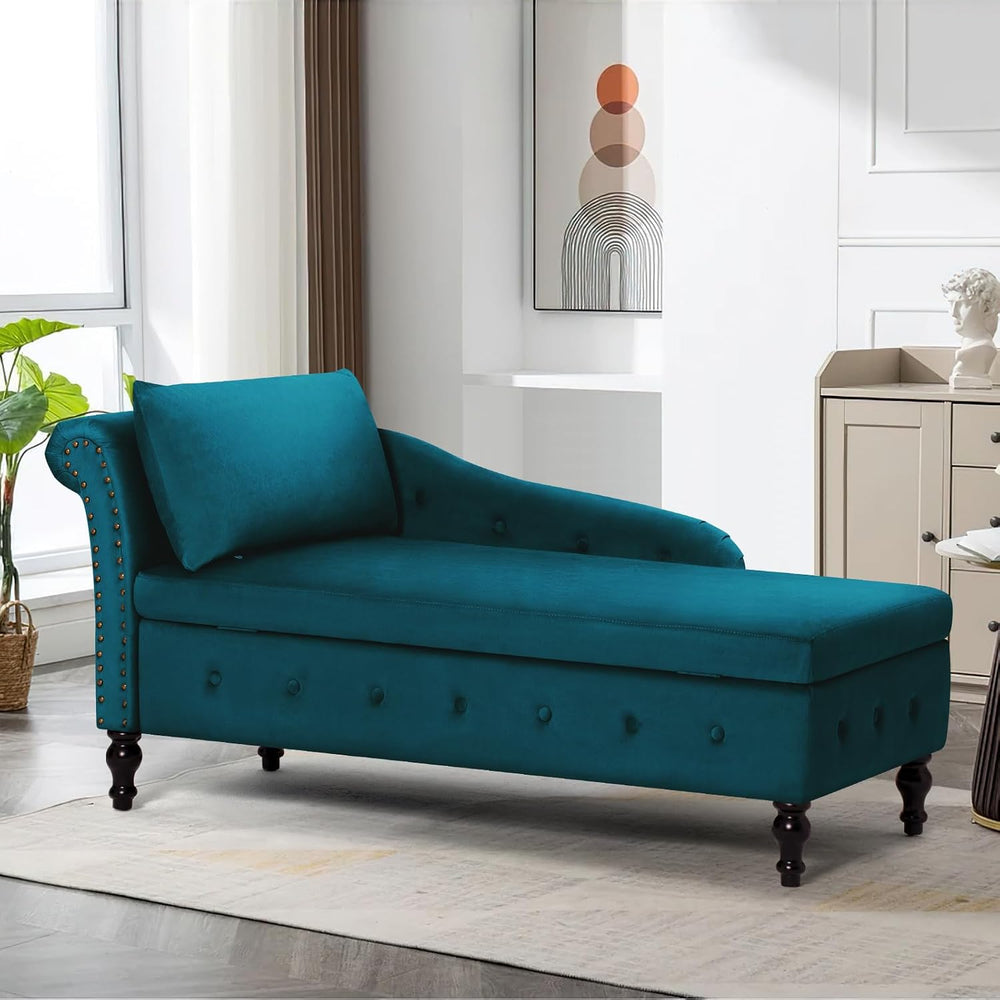 Velvet Chaise Lounge w/Left Armrest & Storage Space, Teal