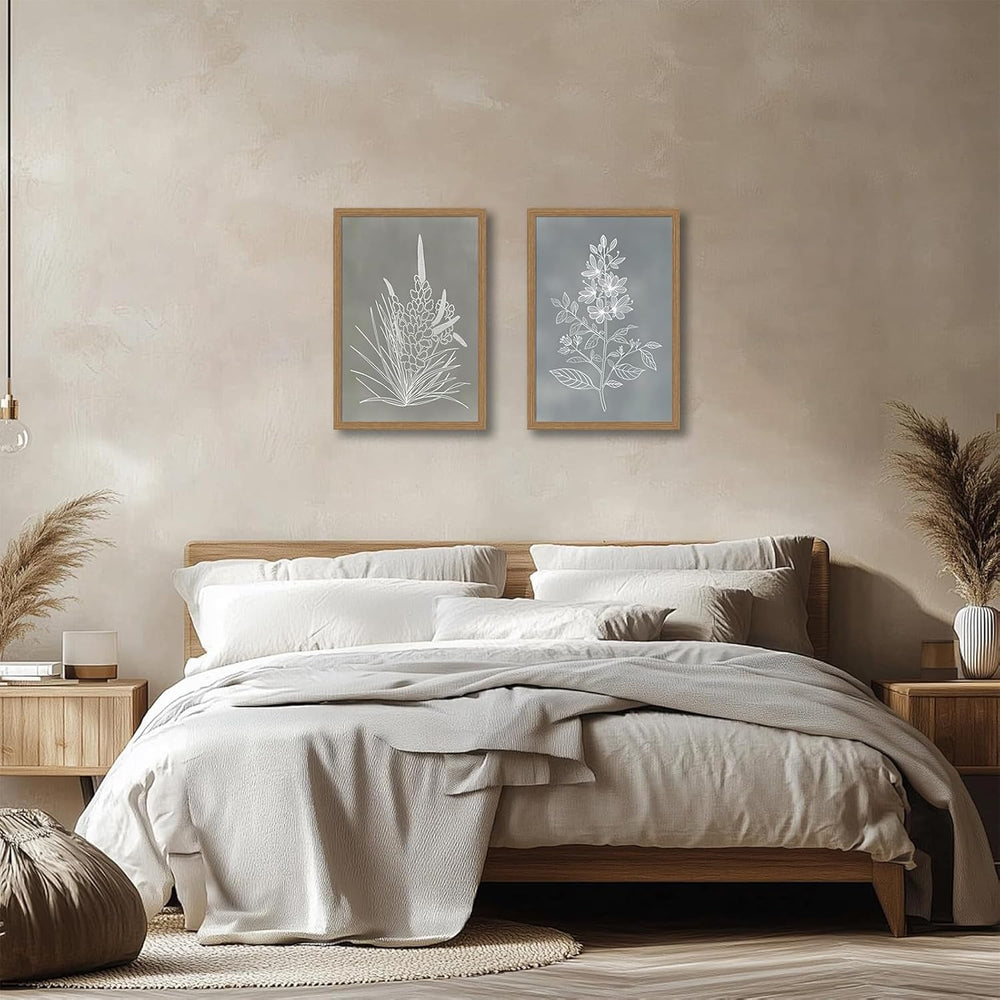 2pcs Framed Boho Botanical Wall Art Vintage Neutral Floral Canvas 12x16in