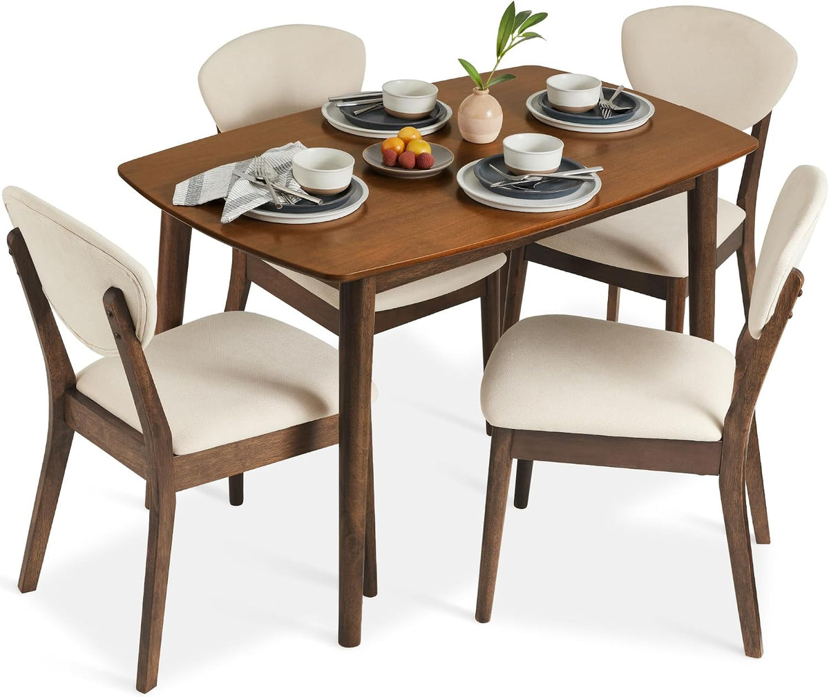 Best Choice Products 5-Piece Dining Set, Compact Mid-Century Modern Table & Chair Set for Home, Apartment w/ 4 Chairs, Padded Seats & Backrests, Wooden Frame - Walnut/Cream