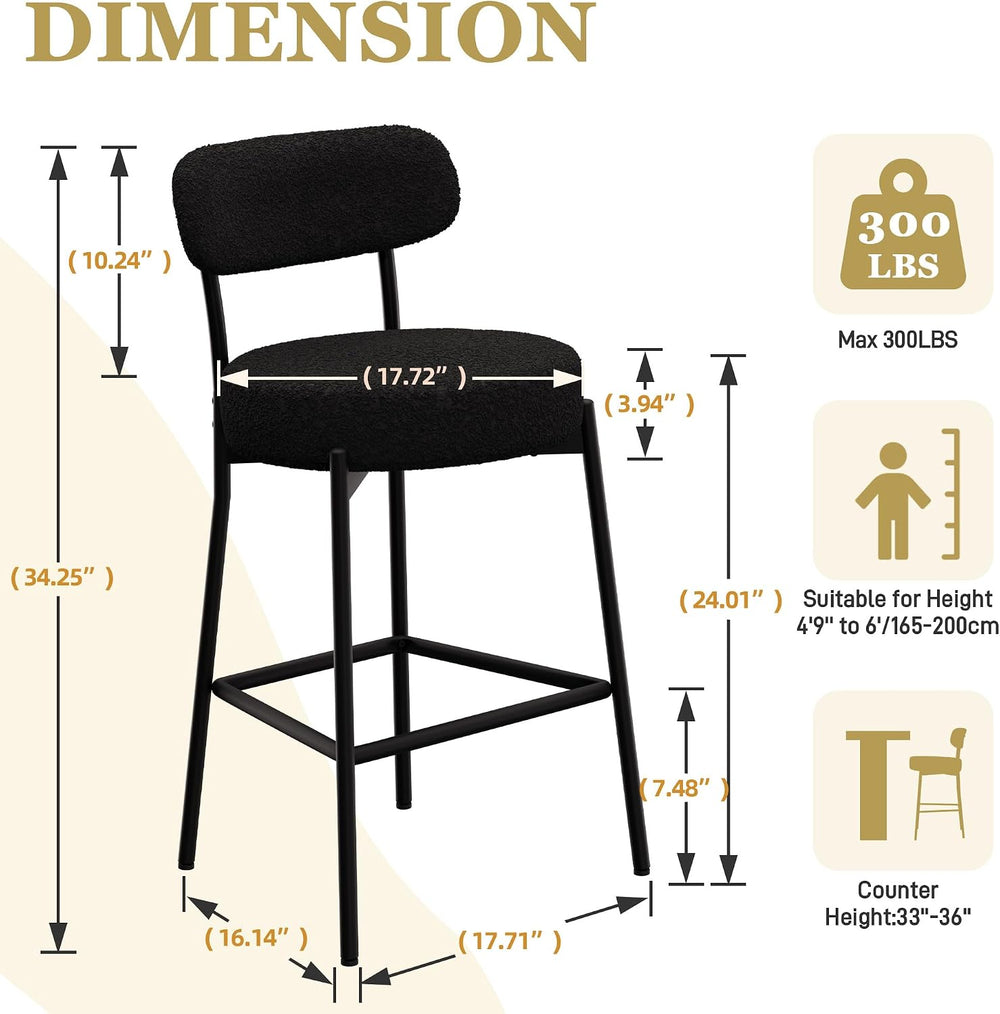 DYHOME Bar Stools Set of 2, Black 24 Inch Boucle Upholstered Counter Stools