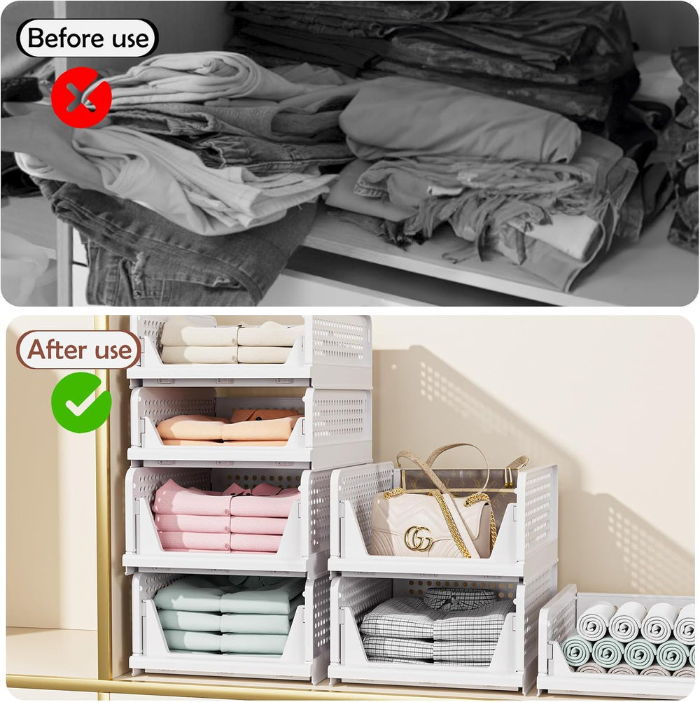 4 Pack Folding Closet Organizers Storage Box, Stackable Storage Bins, Plastic...