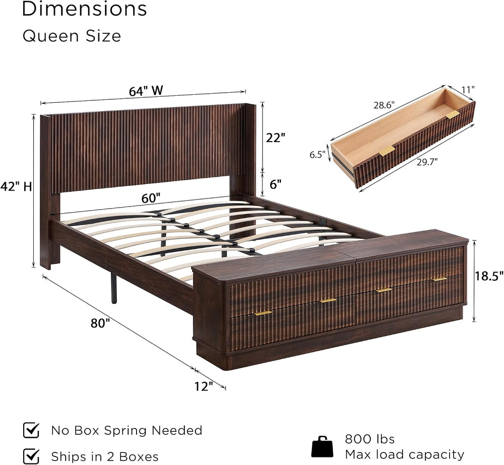 T4TREAM Fluted Queen Bed with Headboard and Storage Bench, Dark Walnut