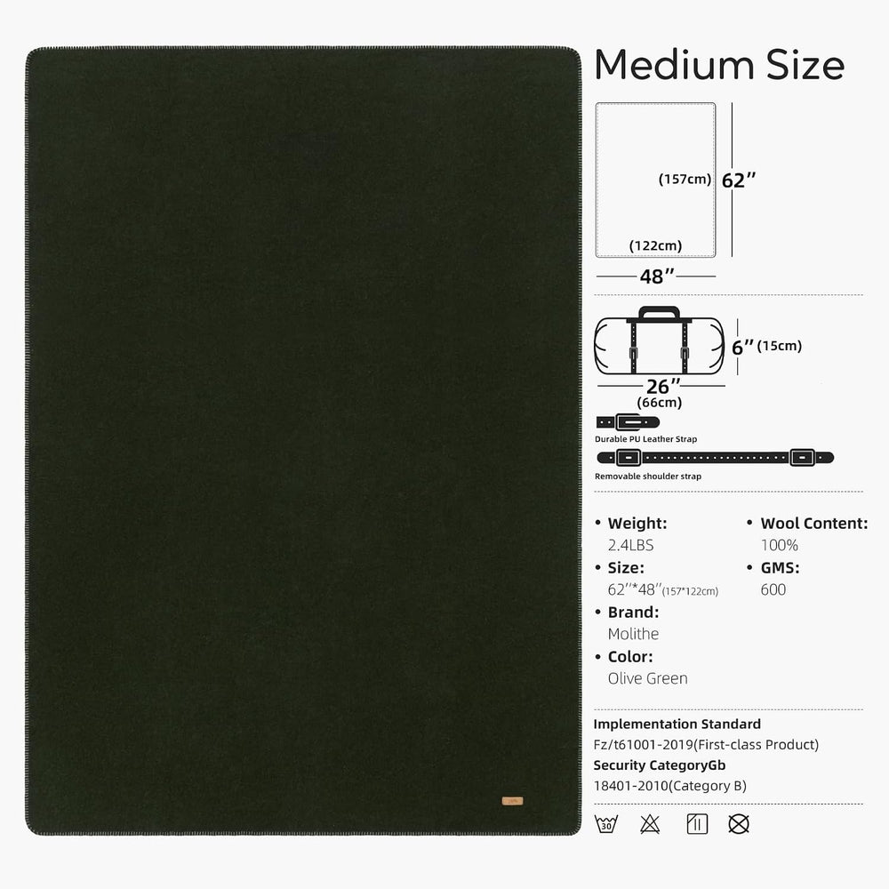 Molithe 100% Wool Blanket, 62" x 48", Warm, Thick, Military, Campin...
