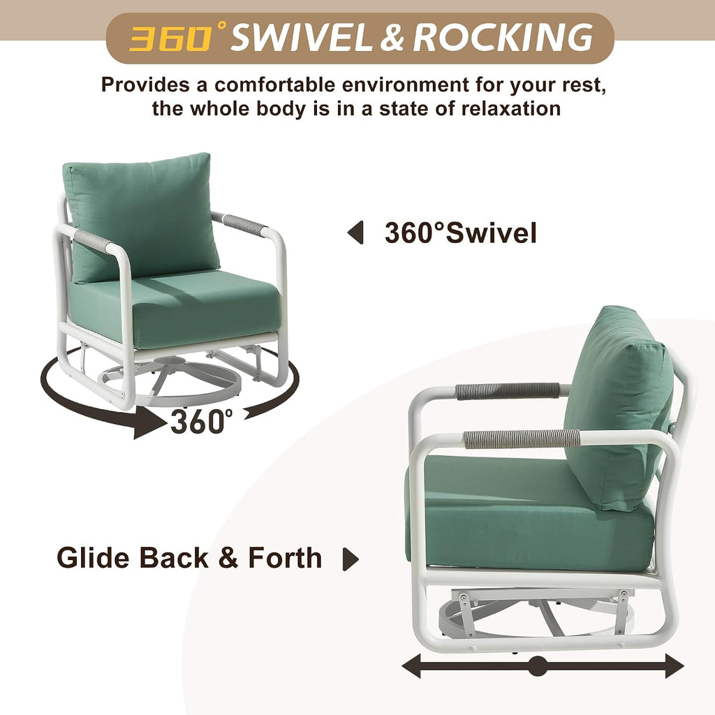 3 Piece Patio Outdoor Aluminum Swivel Rocking Chair with Coffee Table and 6.7" Thickened Cushions, All Weather Outdoor Furniture Chairs for Garden, Poolside, Deck-White