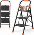 3 Step Ladder, 900 lbs Capacity Heavy Duty Step Stool with Safety Lock, Black Sturdy Step Ladder with Wide Anti-Slip Pedal, Folding Step Stool with Orange Cushioned Handle for Kitchen, Home & Garage