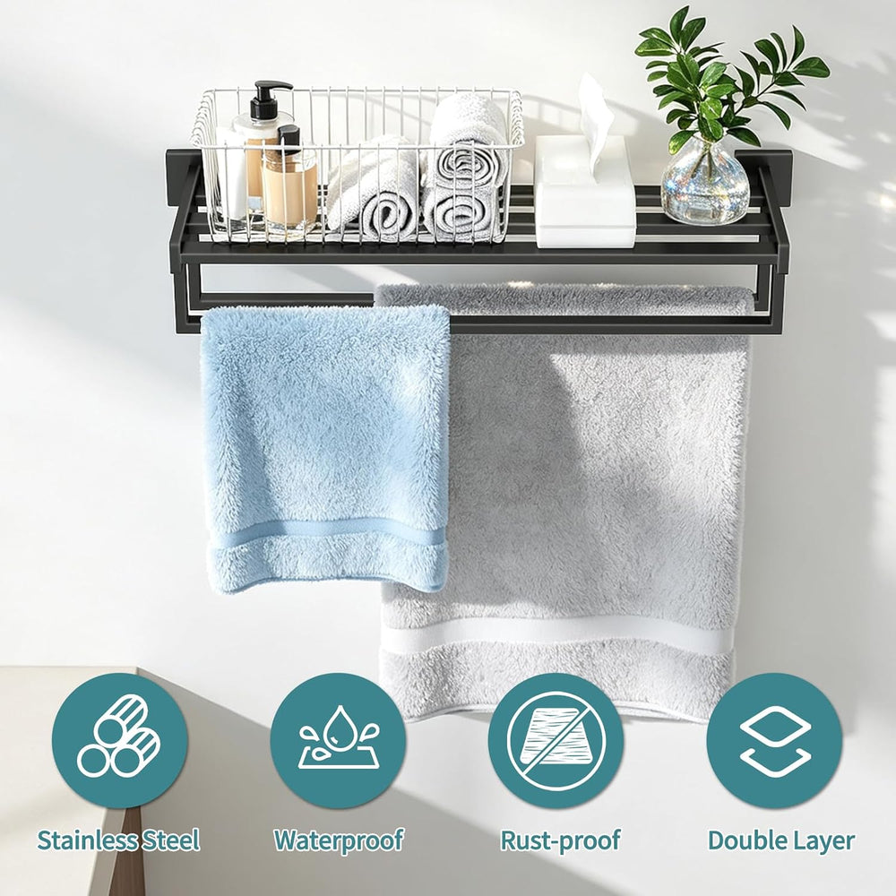STWWO Towel Racks with Shelf for Bathroom Wall Mounted, 24 Inch, Black
