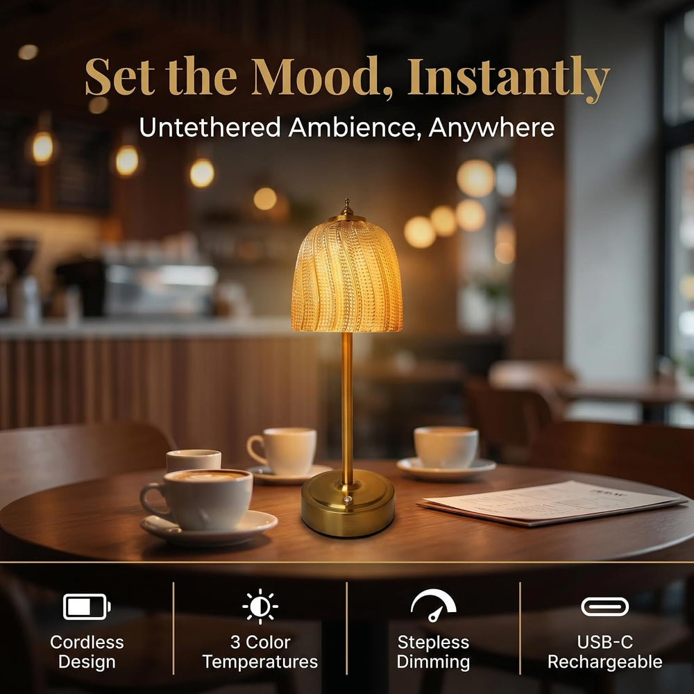 Cordless Glass Table Lamp, Rechargeable Amber Bedside Lamp