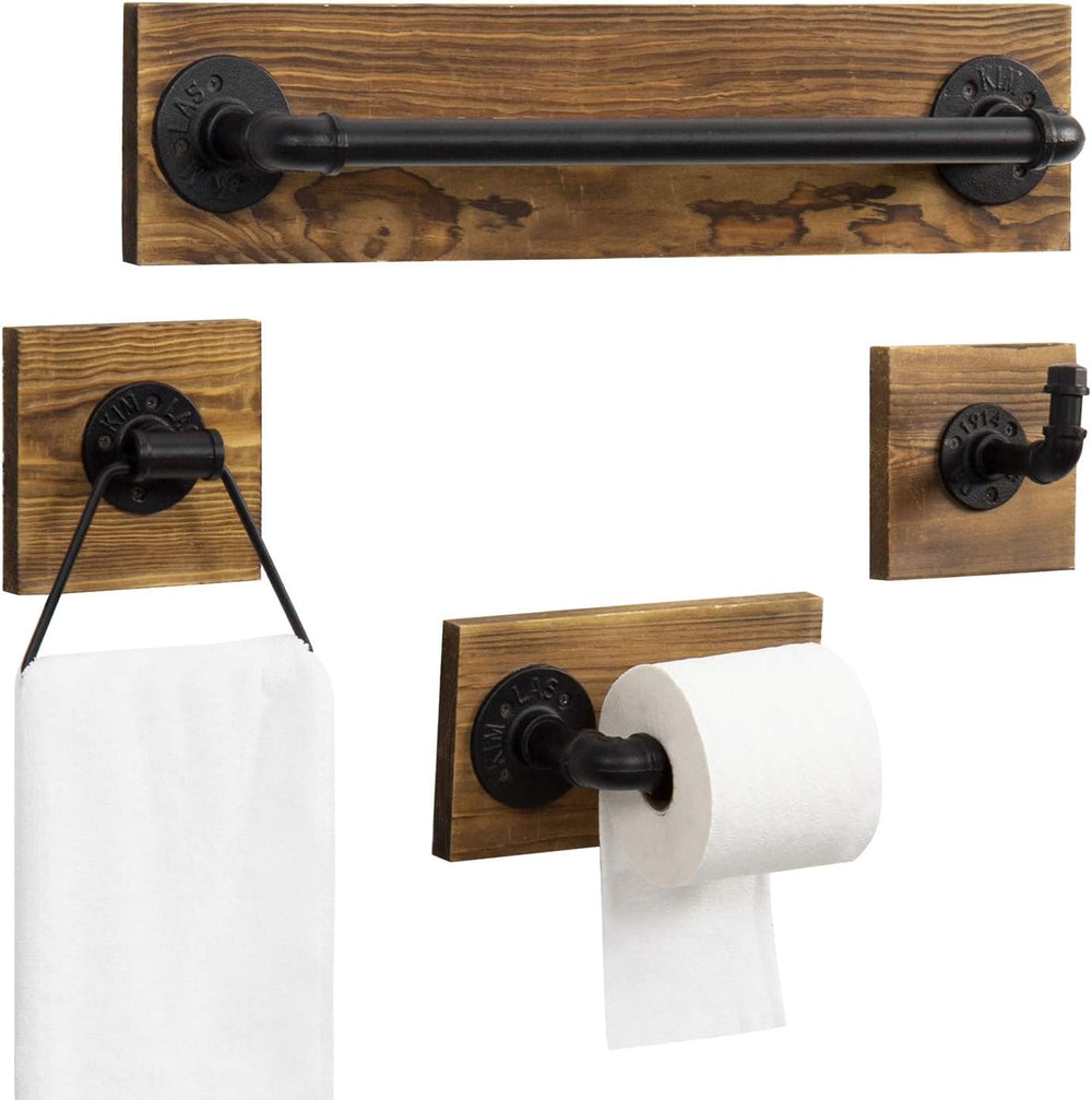 MyGift 4 Pc Bathroom Hardware Set with Burnt Wood & Matte Black Metal Pipe