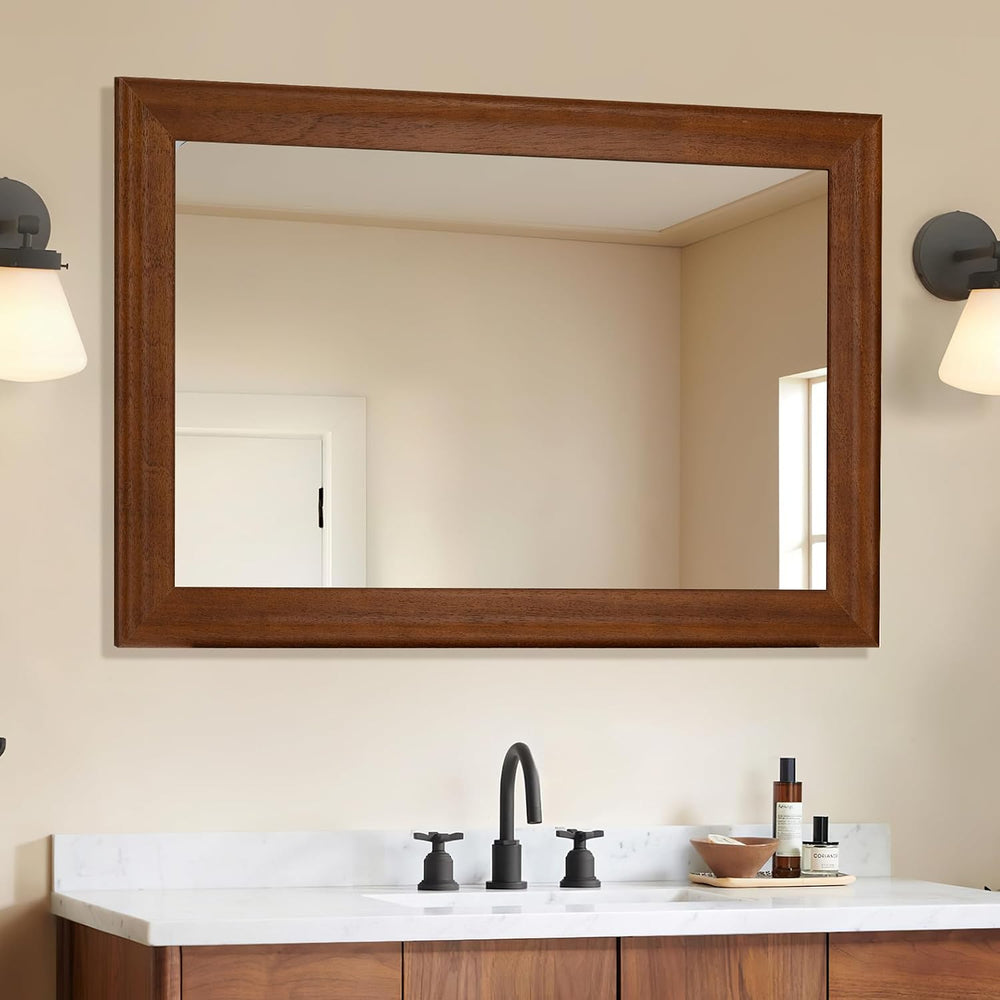 Rectangle Bathroom Mirror 24x36 Inch, Brwon Wood Grain Finish Mirrors
