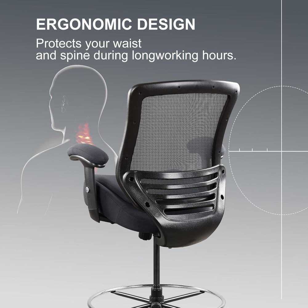 400lbs Wide Mid-Back Office Drafting Chair with Extra Seat Cushion for High S...