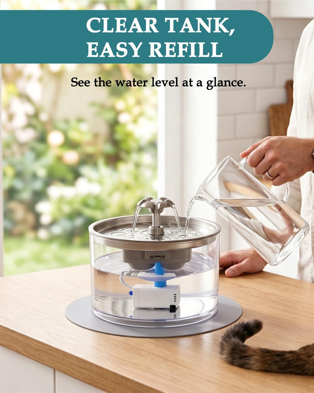 2.8L/95oz Glass Cat Water Fountain with Stainless Steel Lid