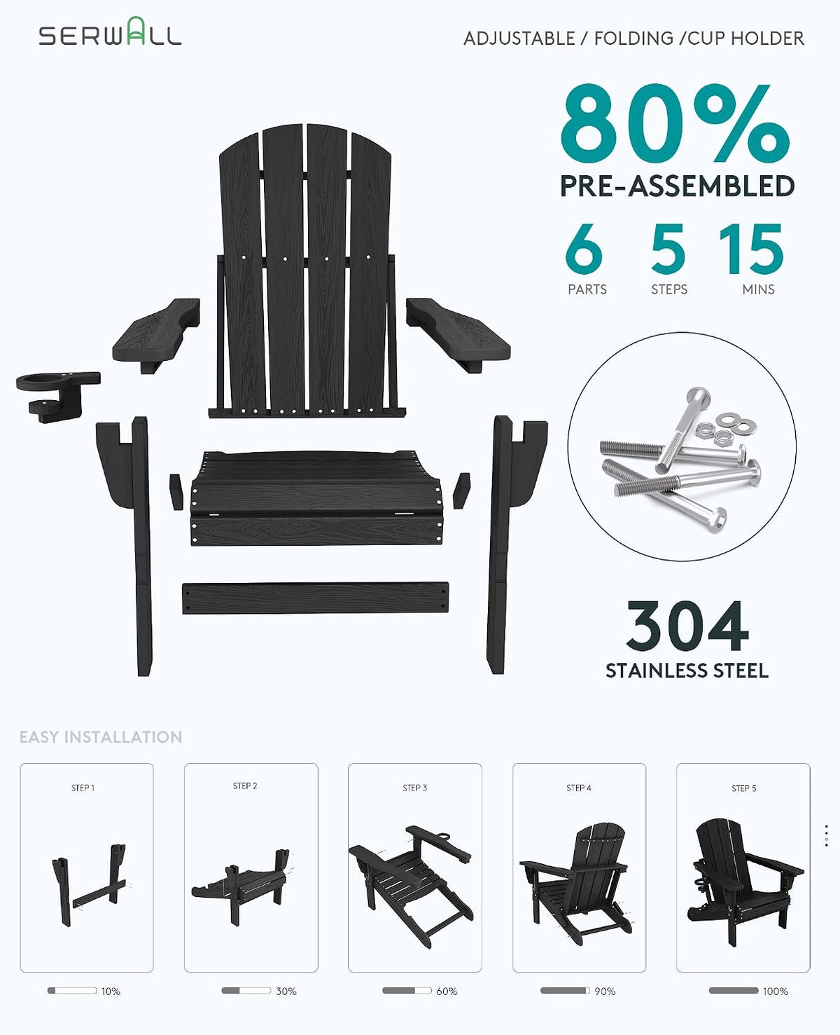 SERWALL 5-Piece HDPE Adirondack Chair and Ottoman and Table Set, Black