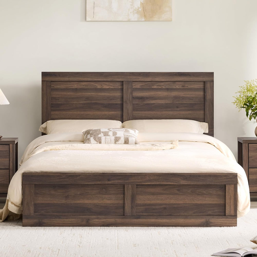 KISLOT Wood Bed Frame with Headboard and Footboard, Walnut, Full