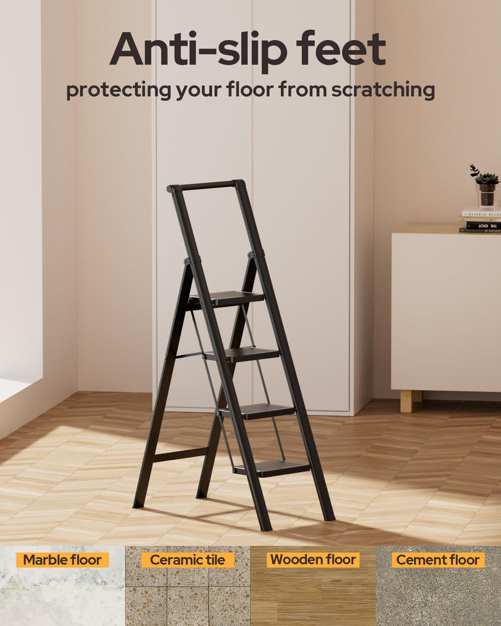 4 Step Ladder Folding Iron Step Stool Stepladders with Anti-Slip and Wide Ped...
