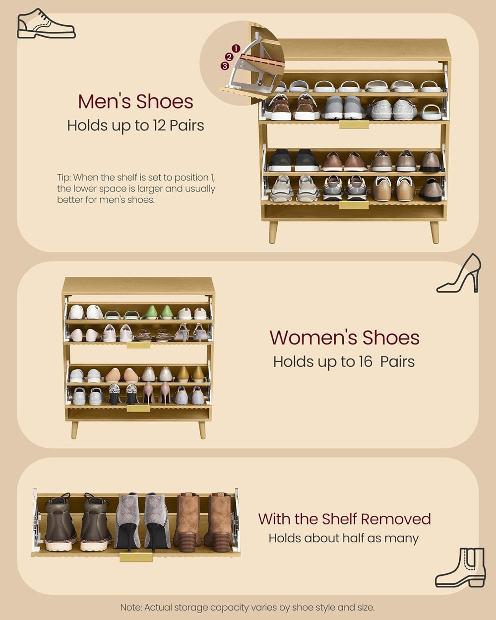 VASAGLE Shoe Storage Cabinet with 2 Flip Drawers, Narrow, Fits 12-16 Pairs