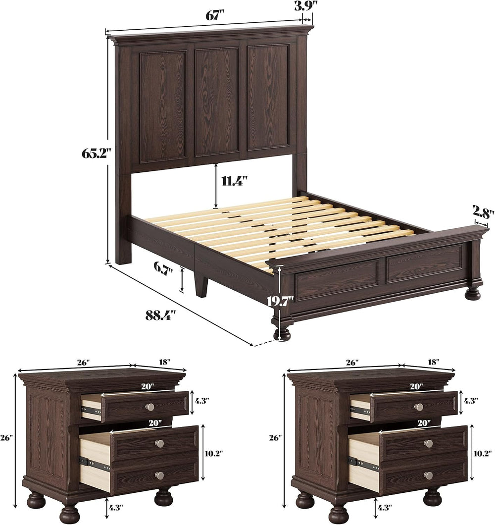 AMERLIFE Solid Wood 3-Piece Set, Queen Bed & 2 Nightstands, Dark Brown