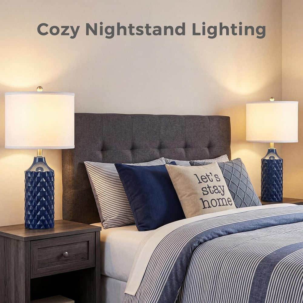 Qingmiao Modern Ceramic Table Lamp, Set of 2 - Navy Blue with Diamond Protrus...