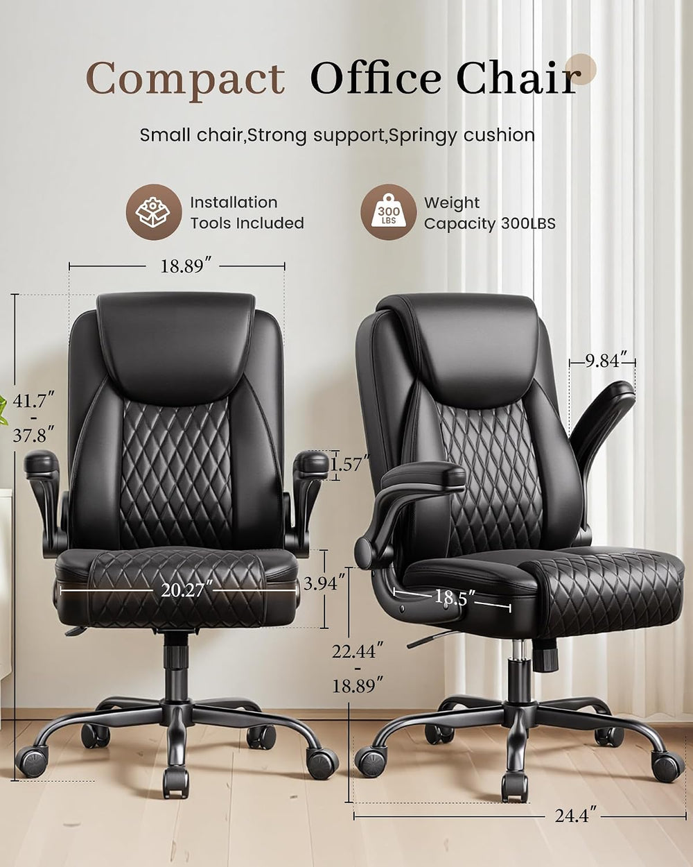 COMHOMA Mid-Back Office Chair, Ergonomic PU Desk Chair with Flip up Arms, Sma...