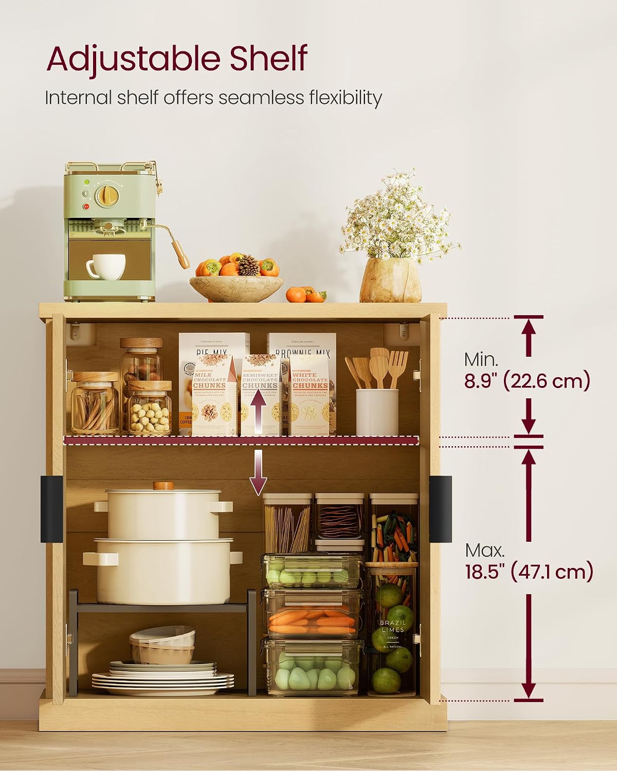 VASAGLE Contemporary Buffet Cabinet with Adjustable Shelves, Fluted Doors