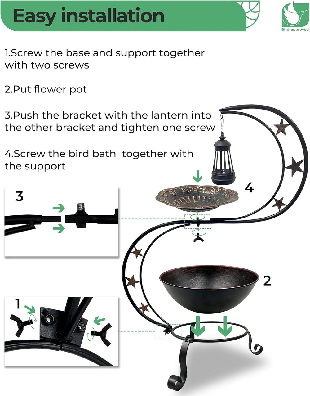 Solar Bird Bath with Flower Planter, S Standing Garden Decor