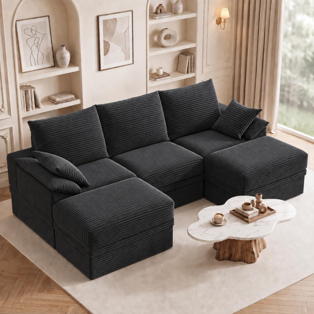 107" Modular Sectional Sofa Couch with Storage,U-Shape 3 Seat Comfy Modern Cloud Couch Sofa with Ottoman, 27" Deep Seat Corduroy Sofa for Living Room, Tool-Free Assembly -Dark Grey