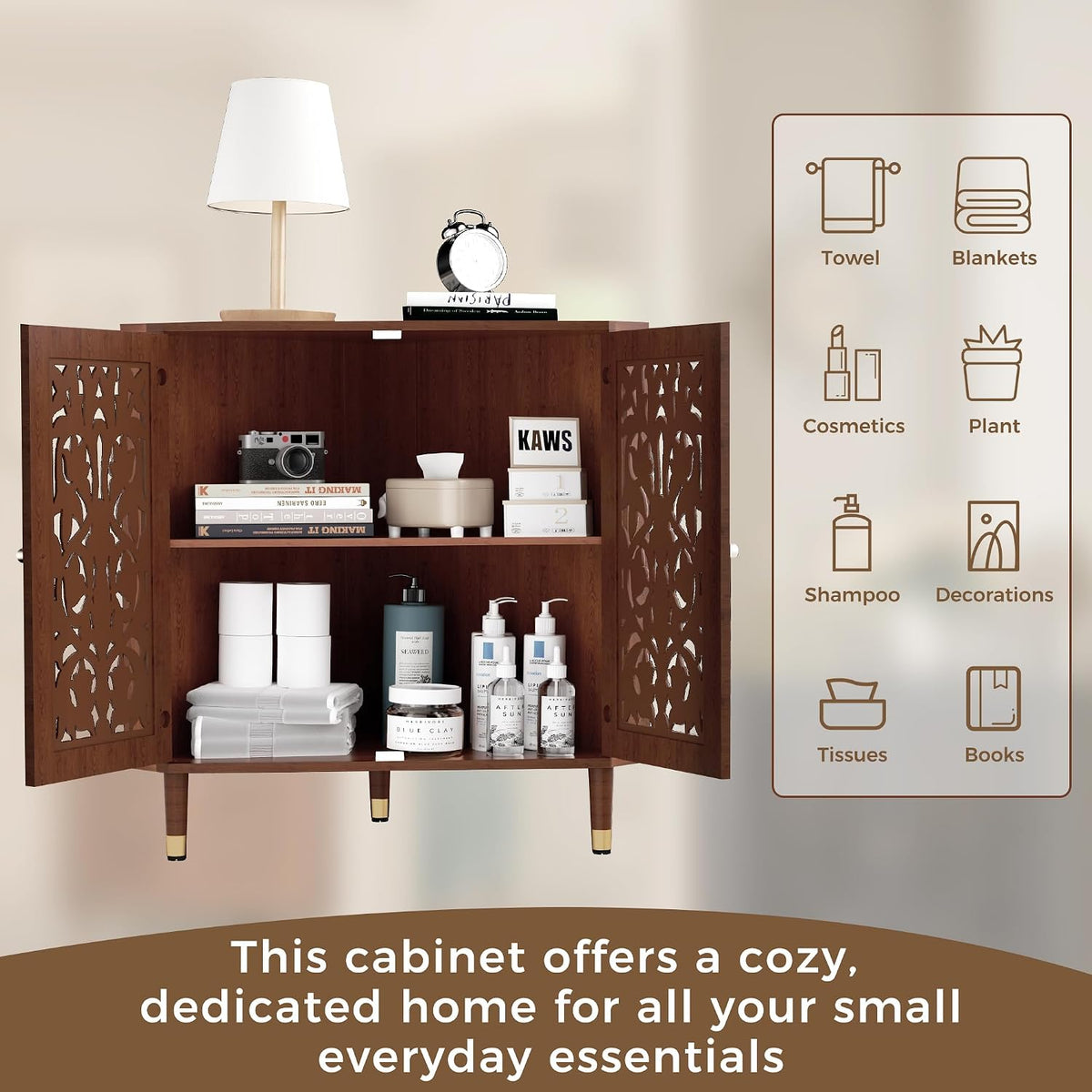 3More Retro Hollow Carved 2-Door Accent Corner Storage Cabinet, Brown