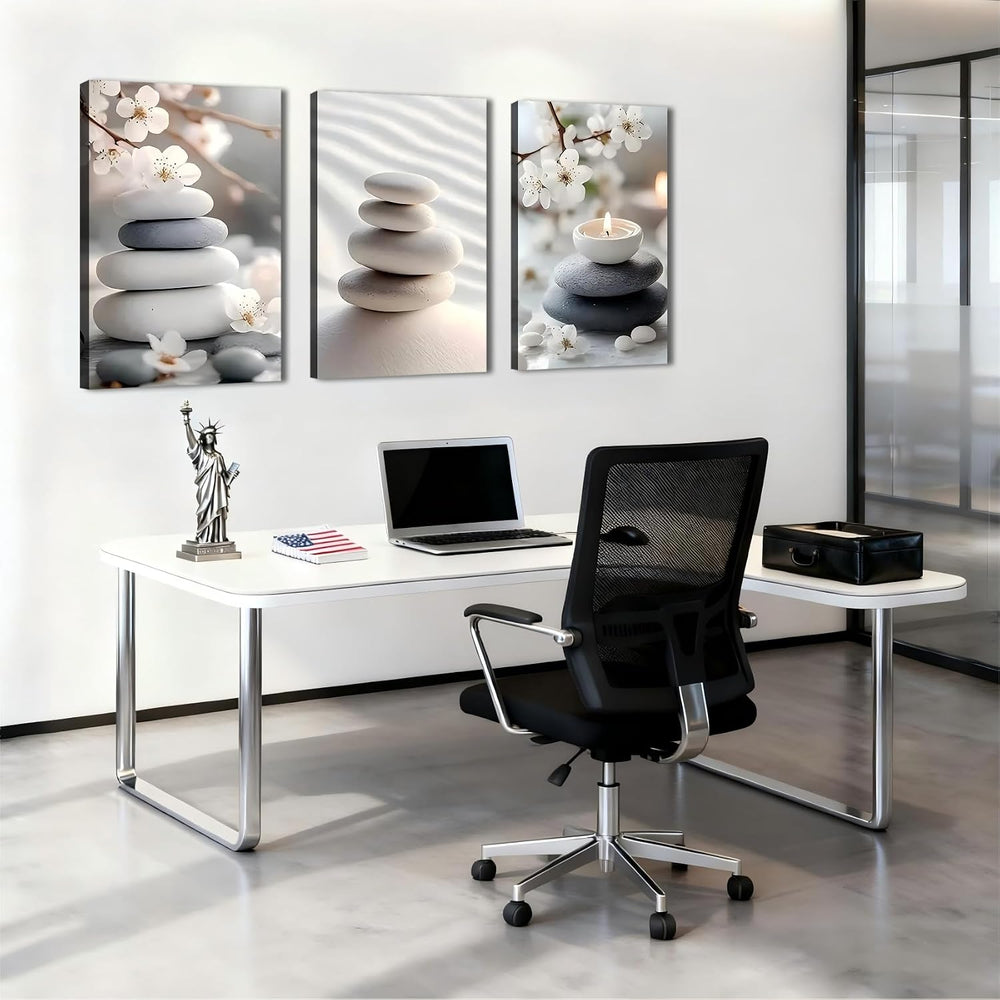 3 Panel Framed Canvas Wall Art - Calming Zen Wall Decor, Neutral-Tone Stone &...